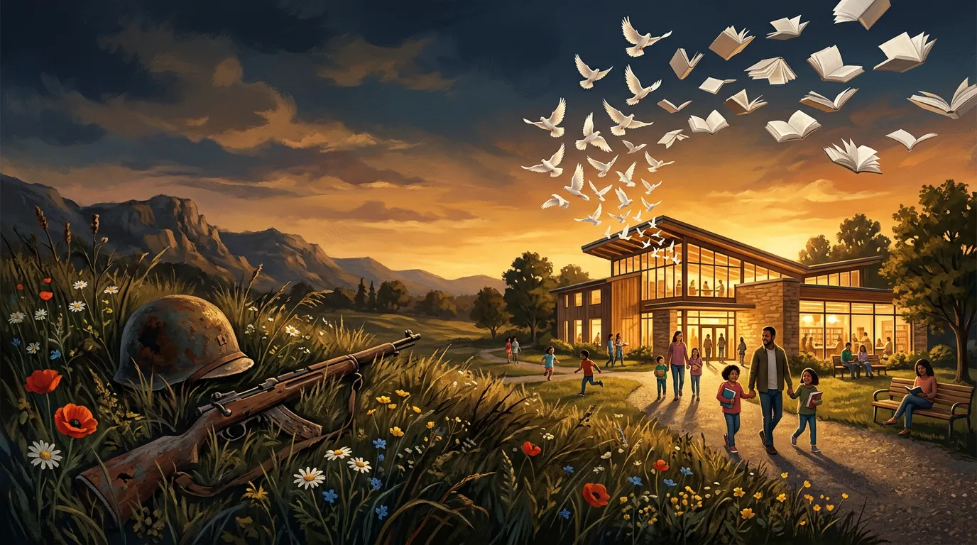 A rusted helmet and rifle overgrown with wildflowers, facing a glowing library as doves turn into flying books